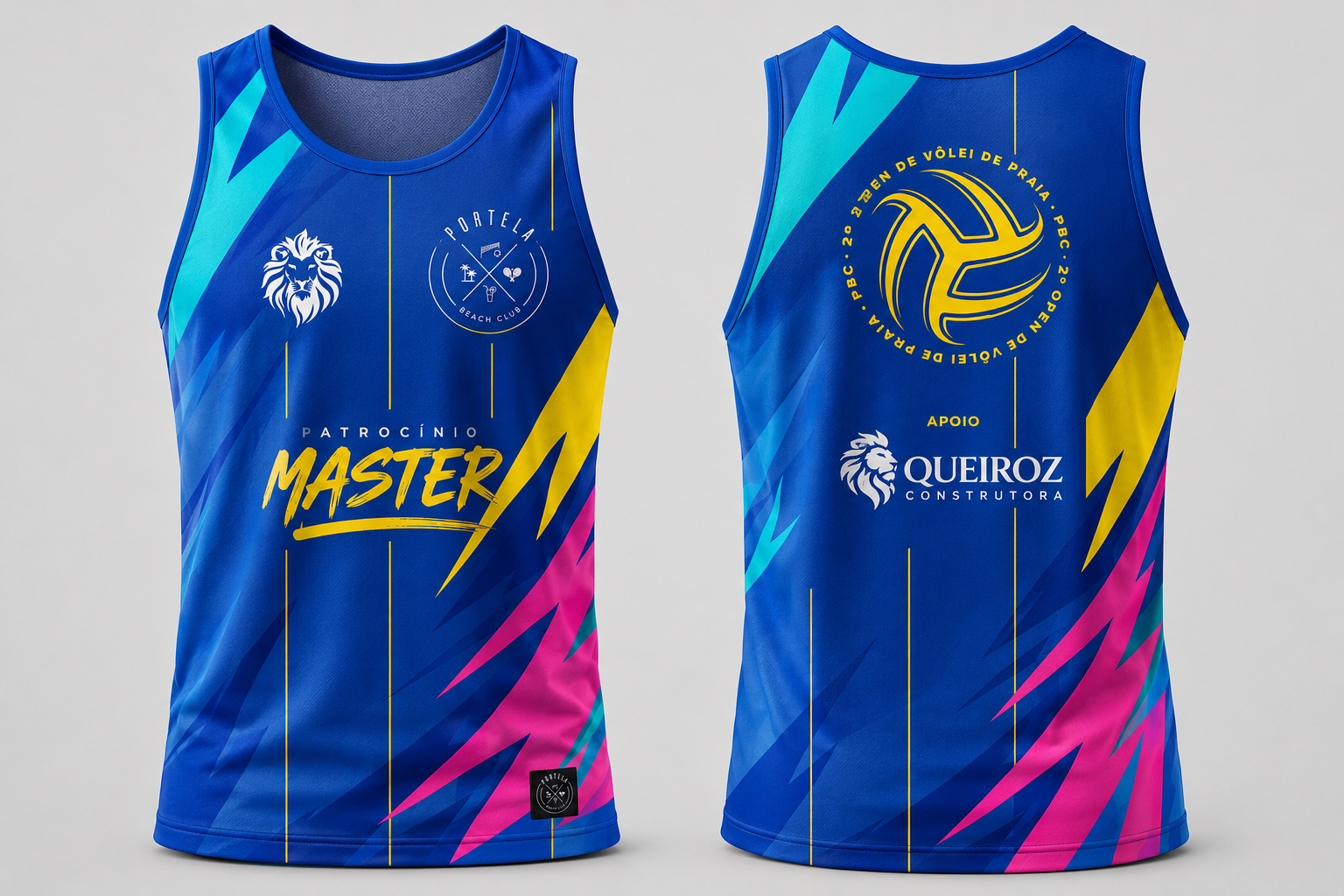 Regata oficial do 2º Portela Open de Vôlei de Praia — frente e verso com patrocínios Master e Queiroz Construtora